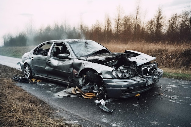 A bmw that has been wrecked on the side of the road