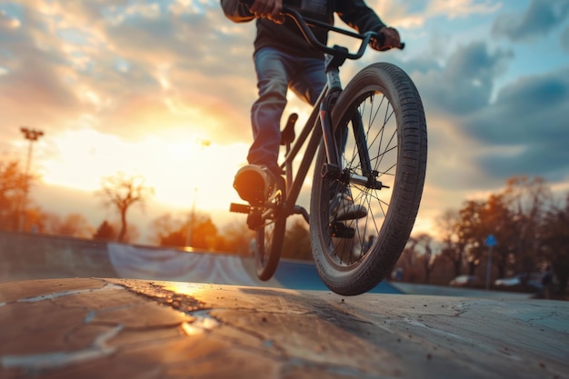 Photo bmx bike trick on skatepark ramp during sunset action shot of a cyclist performing stunts