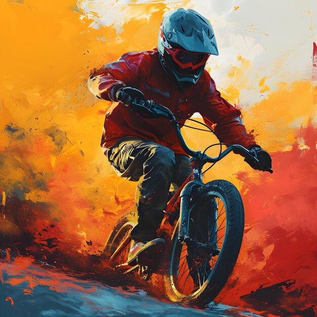 Photo bmx rider freestyler illustration with colorful splash paint mountain biker riding a bicycle