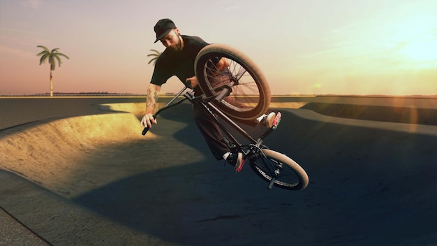 BMX 라이더는 일몰에 스케이트 파크에서 트릭을 수행하고 있습니다