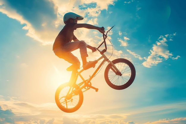 Bmx stunt and jump riding in a sunlight