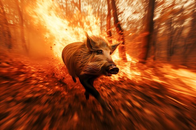 Boar escaping a forest fire Concept of forest fire danger