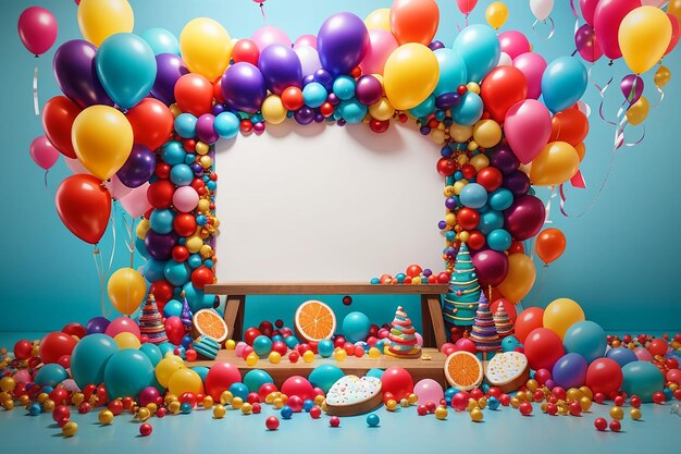 Board against a backdrop of colorful balloons for a festive product