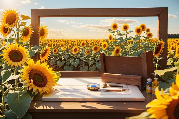 Board against a field of sunflowers for a summery product