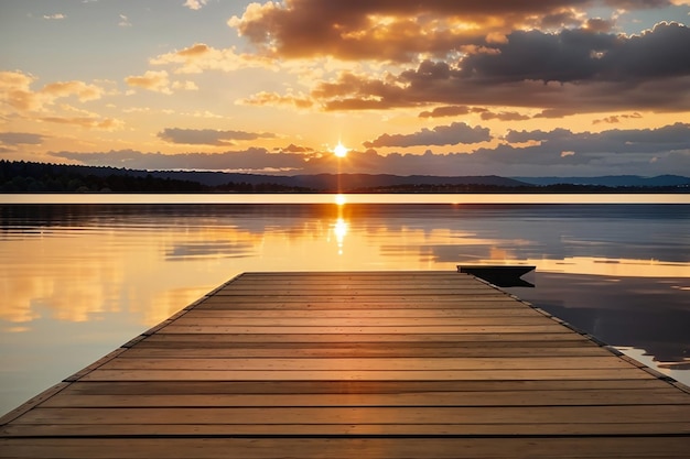 Board against a sunset over a calm lake