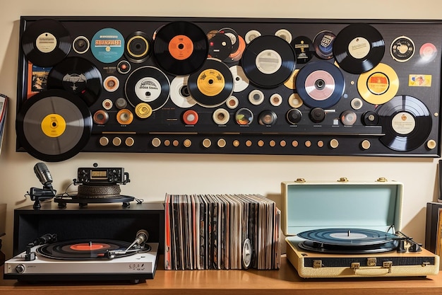 Photo board against a vintage vinyl record collection for music enthusiasts