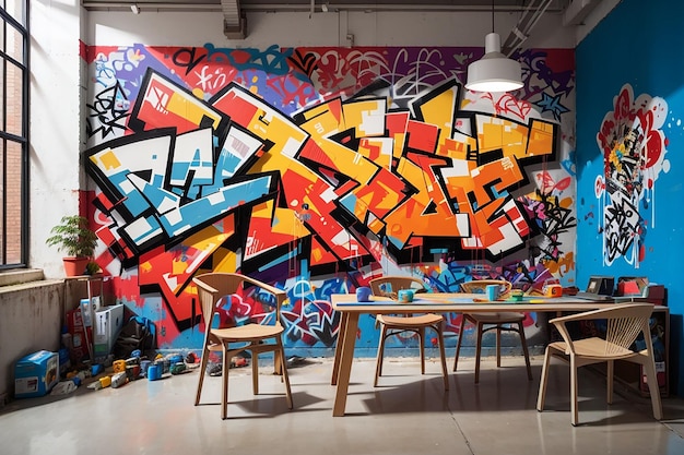 board against a wall of vibrant graffiti for an edgy product