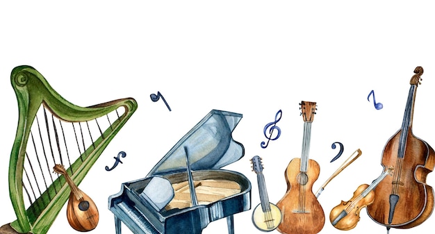 Доска классических музыкальных инструментов акварельные иллюстрации, изолированные на белом фоне