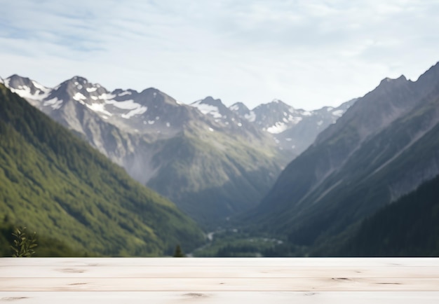 board empty table in front of blurred landscape mountain table mock up for display of product