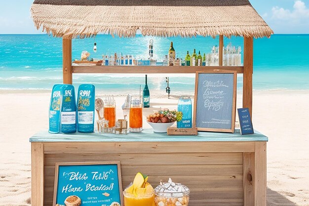 Foto davanti a un bar sulla spiaggia per prodotti a tema di spiaggia