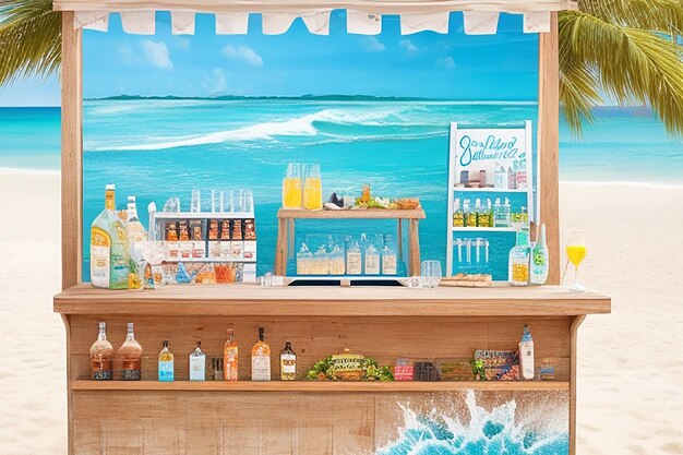 Board in front of a beachside bar for beachthemed products