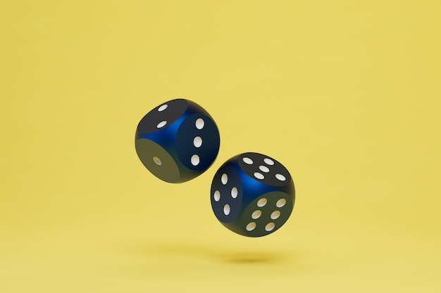 Photo board game of dice blue cubes with white dots on a yellow background 3d render