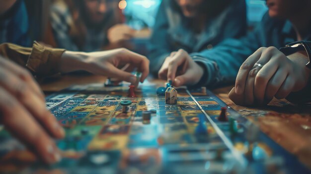 Photo board game night a group of friends sitting around a table playing a board game they are all having fun and laughing