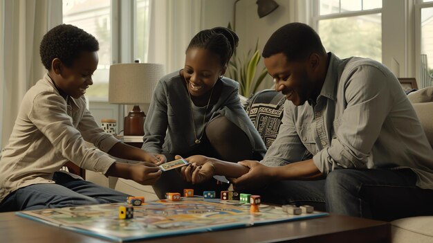 Photo board game time a family is sitting on the couch together playing a board game they are all smiling and having fun