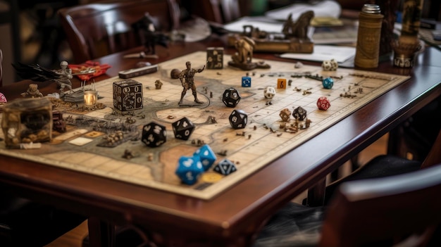 A board game with dice on it and a person sitting at the table.