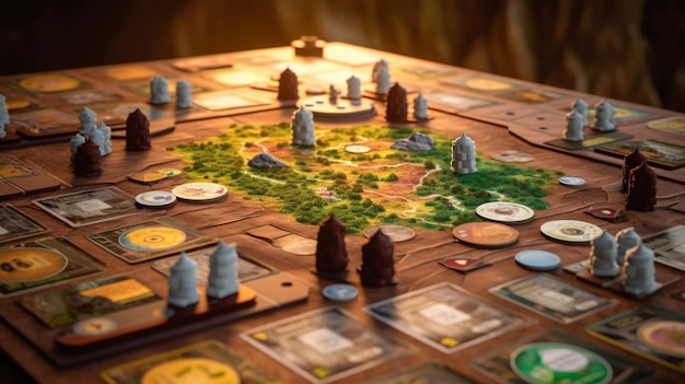 A board game with a game of dice and a city on it