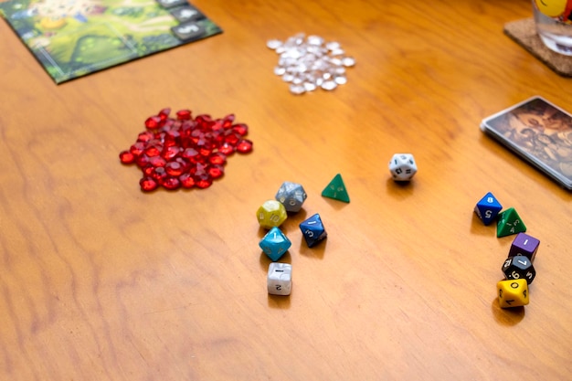 Board games concept Dice coins and playing field