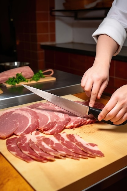 レストランのキッチンで肉をスライスするためのボードハンドとナイフ
