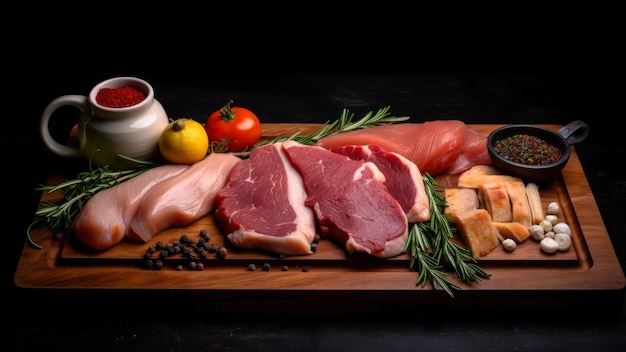 A board of meat and cheese on a black background