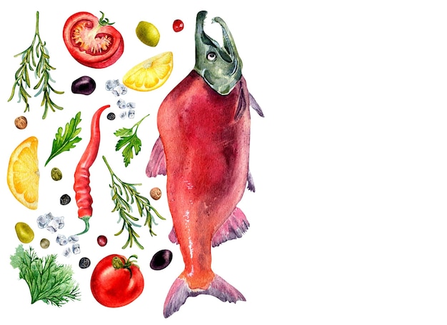 Board of sockeye zalm en specerijen aquarel illustratie geïsoleerd op wit