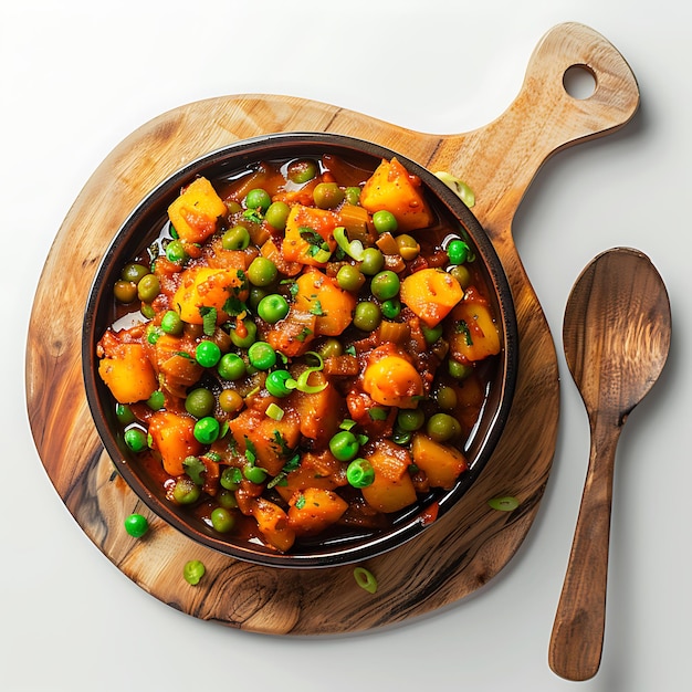 색 바탕에 맛있는 알루 마타르의 보드와 접시