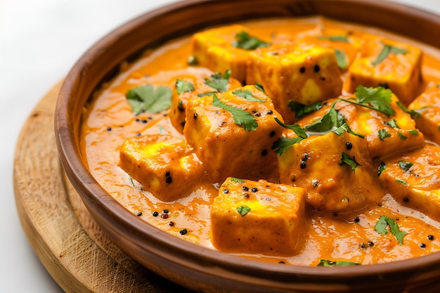 board and plate of tasty shahi paneer with on white background