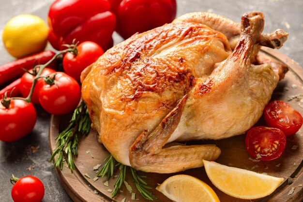 Board with Baked Chicken on Table