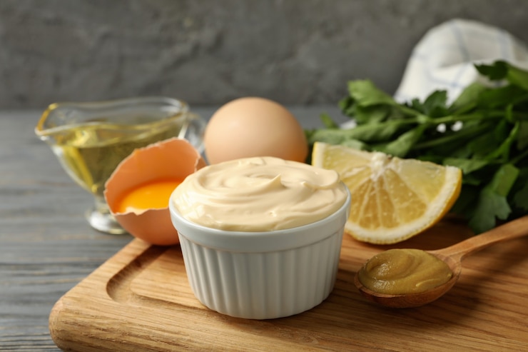 Photo board with bowl of mayonnaise and ingredients for cooking on wooden background