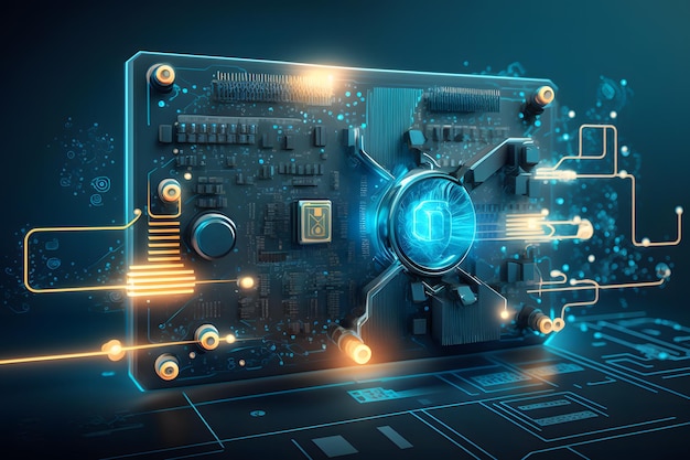 Photo a board with chips and a gaming graphics card processor progressive cooling system for the video chip processor and memory computer details neural network ai generated