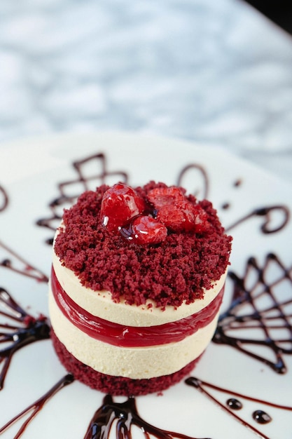 Board with delicious cake on table