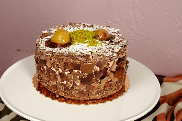 Photo board with delicious cake on table