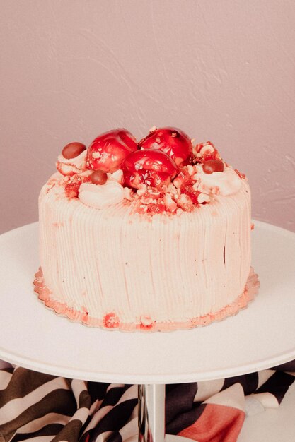 Board with delicious cake on table