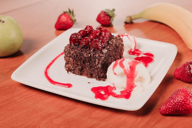 Board with delicious cake on table