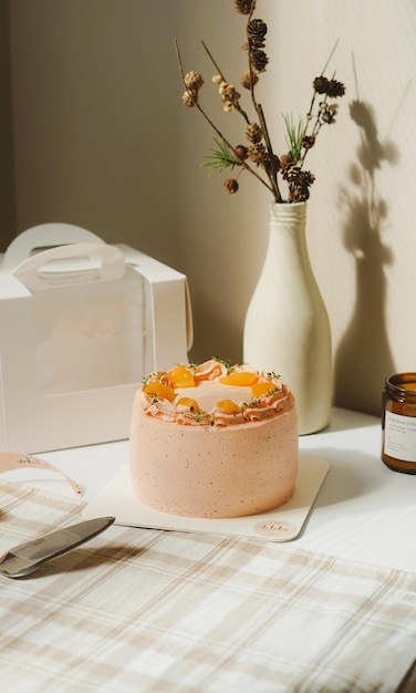 Board with delicious caramel cake on table