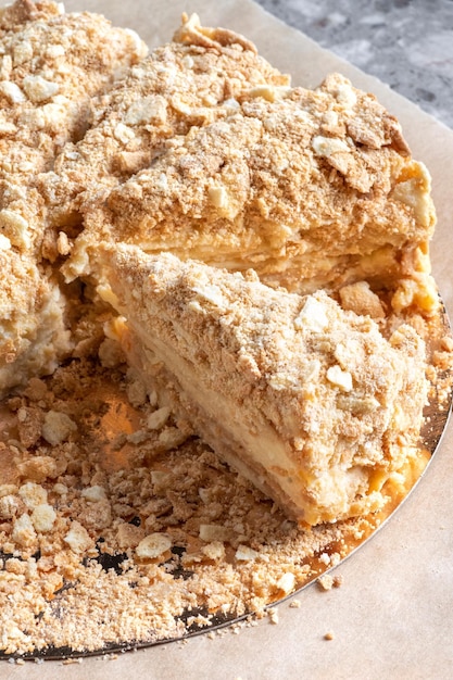 Photo board with delicious napoleon cake close up