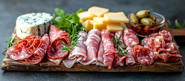 Photo a board with different kinds of meats and cheeses