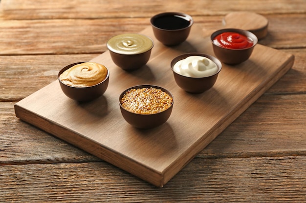 Board with different sauces on wooden background