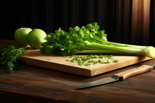 Board with fresh green celery and knife on table Healthy raw stalk cook Generate Ai