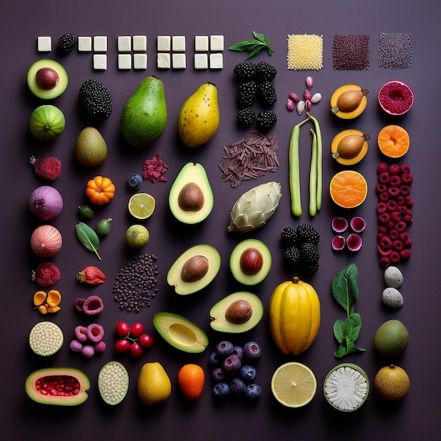 Photo a board with many different fruits and vegetables on it