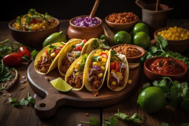 A board with tacos and other ingredients on it