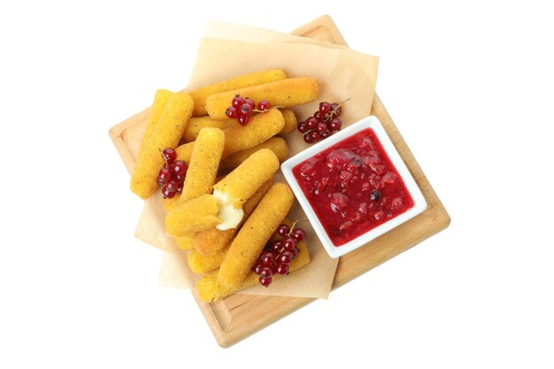 Board with tasty cheese sticks isolated on white background