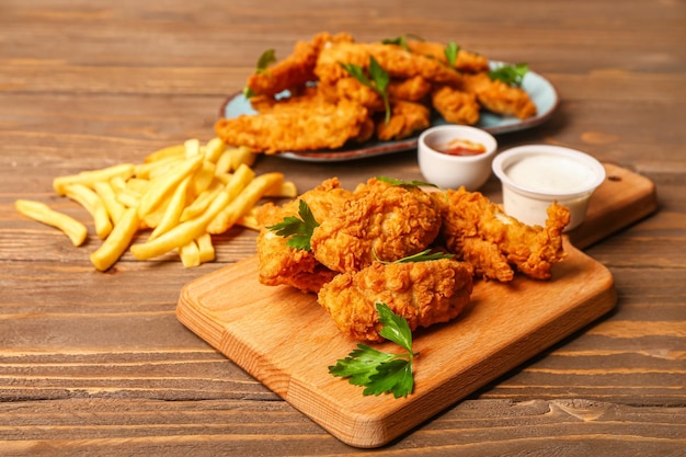 Board with Tasty Nuggets Sauces and French Fries on Wooden Background