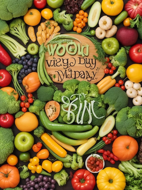 Board with text VEGAN DAY and different fresh products on white wooden background