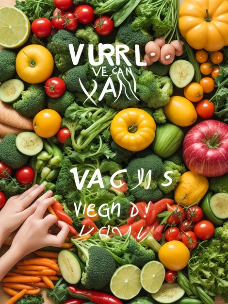 Board with text VEGAN DAY and different fresh products on white wooden background