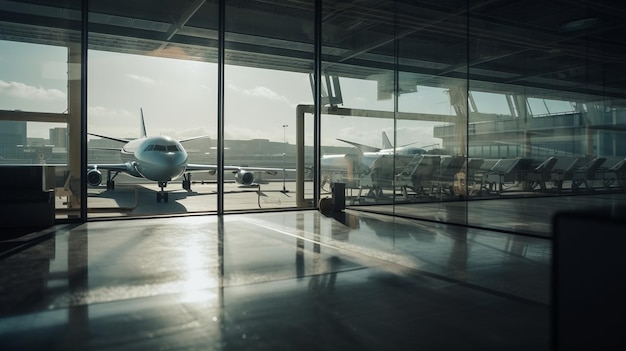 Boarding area with glass window and planes Al generated