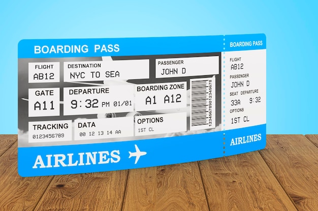 Boarding pass ticket on the wooden table 3D rendering