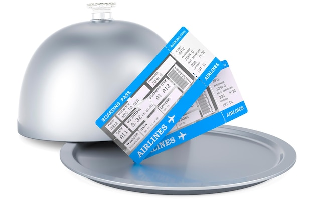 Boarding pass tickets inside restaurant cloche 3D rendering