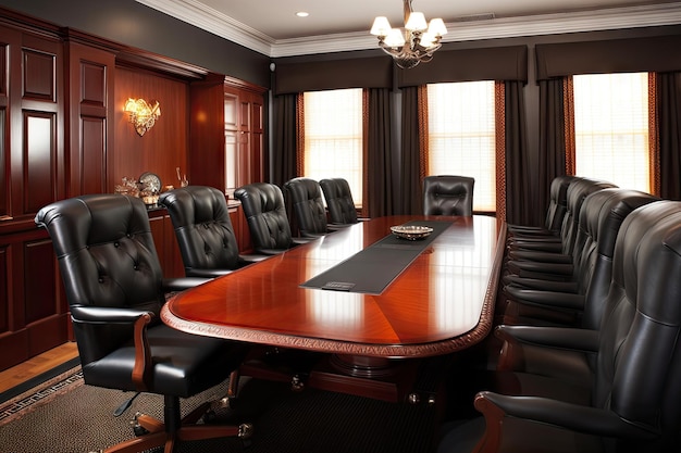 Фото Зал заседаний с черными кожаными сиденьями и столом из красного дерева в хорошо освещенной комнате, созданной с помощью генеративного ии
