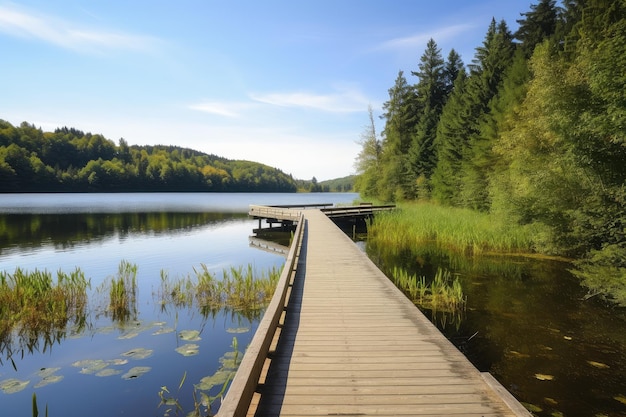 Boardwalk along lake with view of tranquil waters and majestic scenery