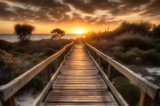 A boardwalk leads to the beach at sunset.